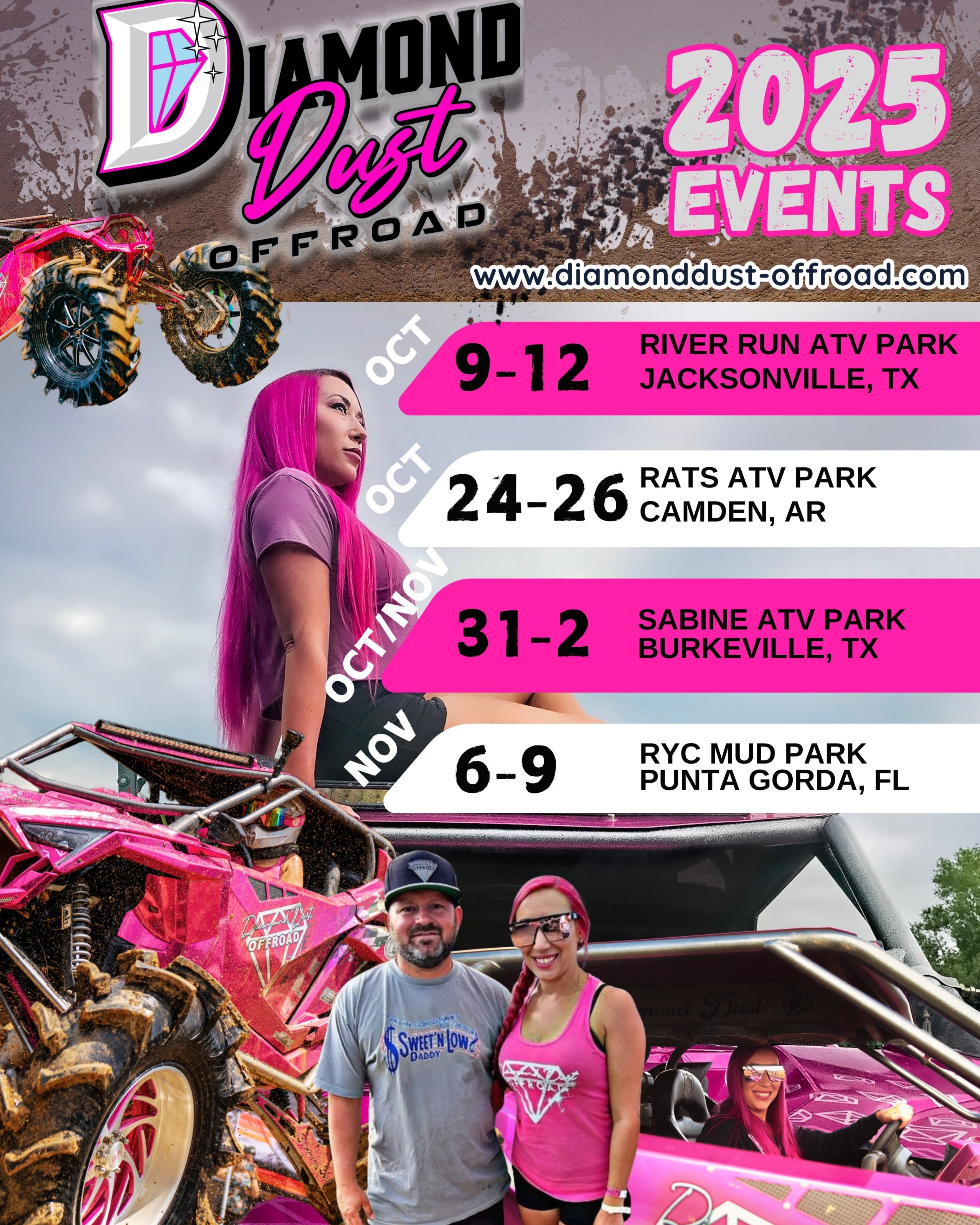 Promotional poster for Diamond Dust Offroad events in 2025 with pink ATVs and event dates.