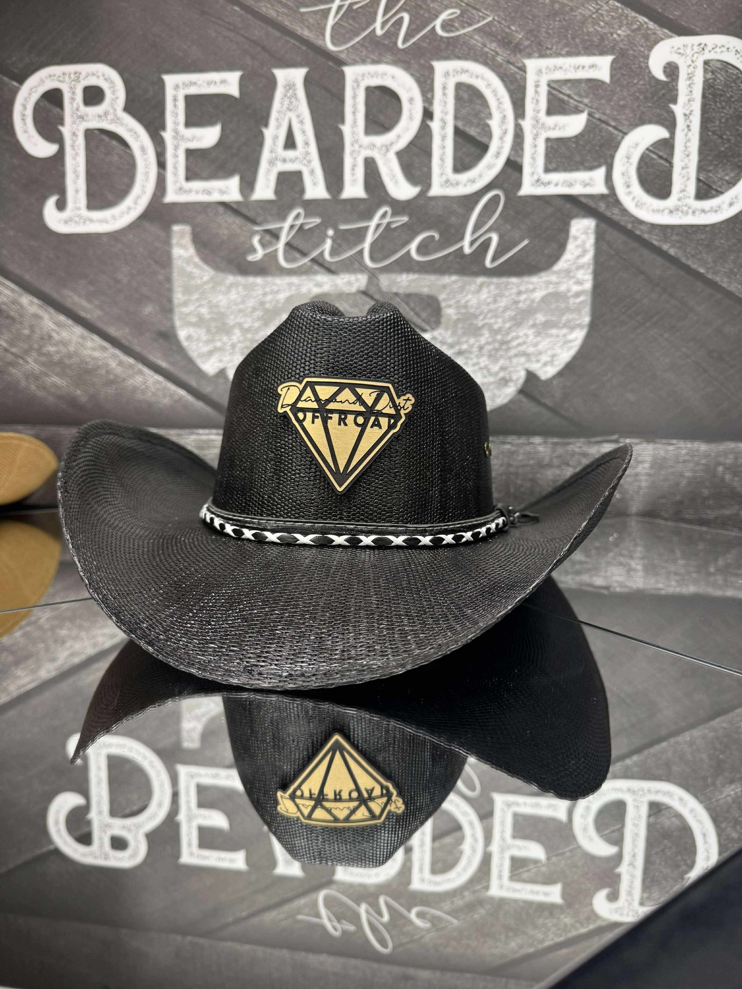 Black with gold metal logo cowboy hat