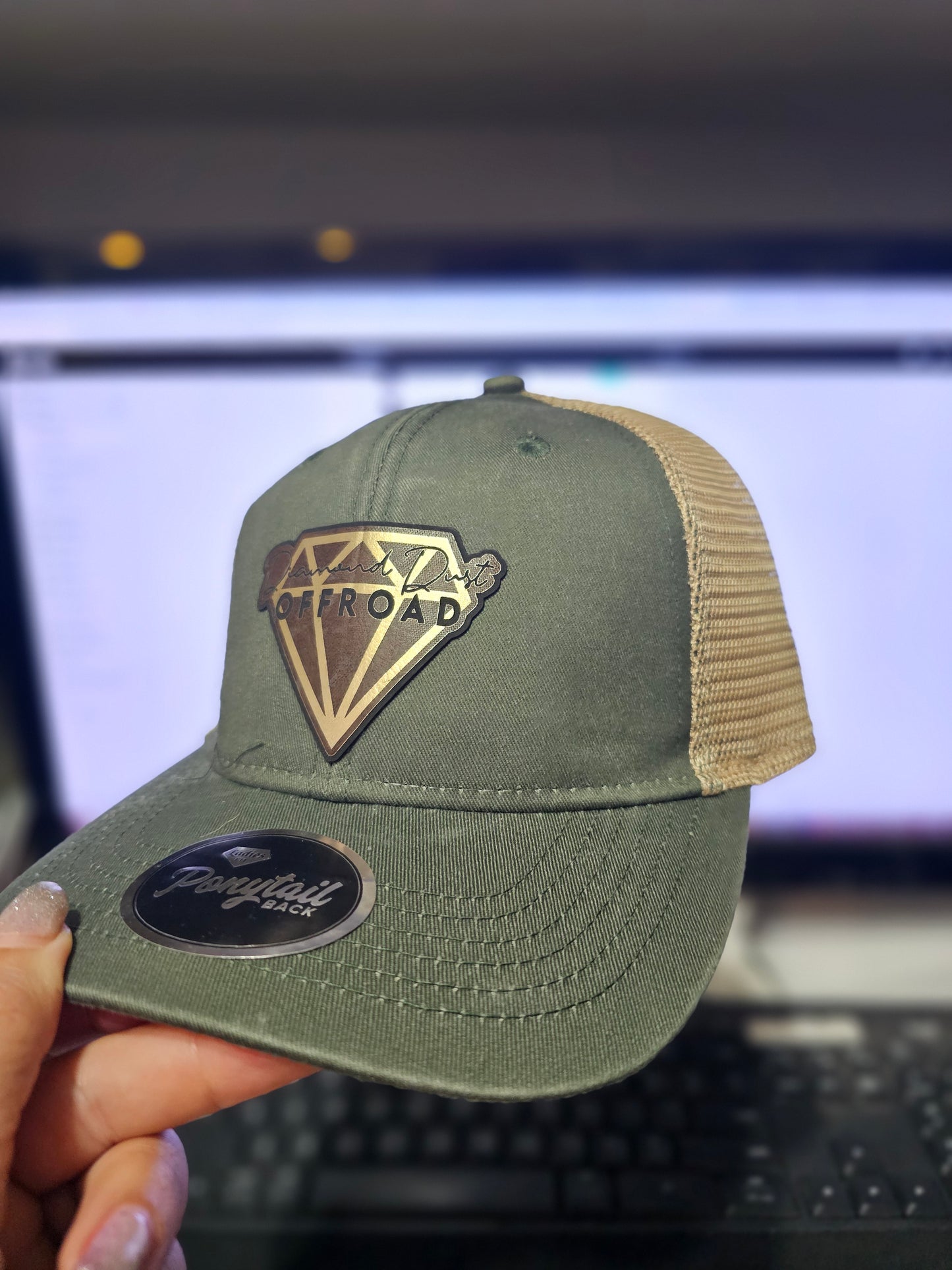 Olive green and tan ladies PONYTAIL hat - brown and gold logo