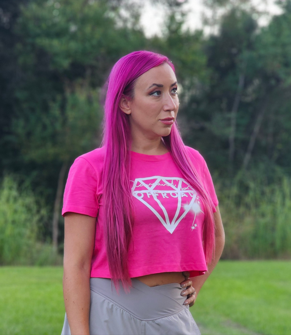 PINK Crop top boxy tee women's shirt- FULL diamond dust logo