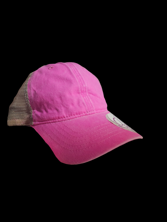 Pink and tan ladies PONYTAIL hat - black logo