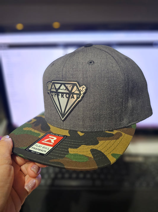 Grey and green camouflage bill snapback- stainless logo