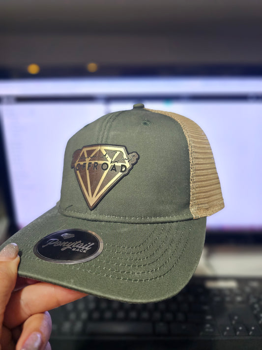 Olive green and tan ladies PONYTAIL hat - brown and gold logo