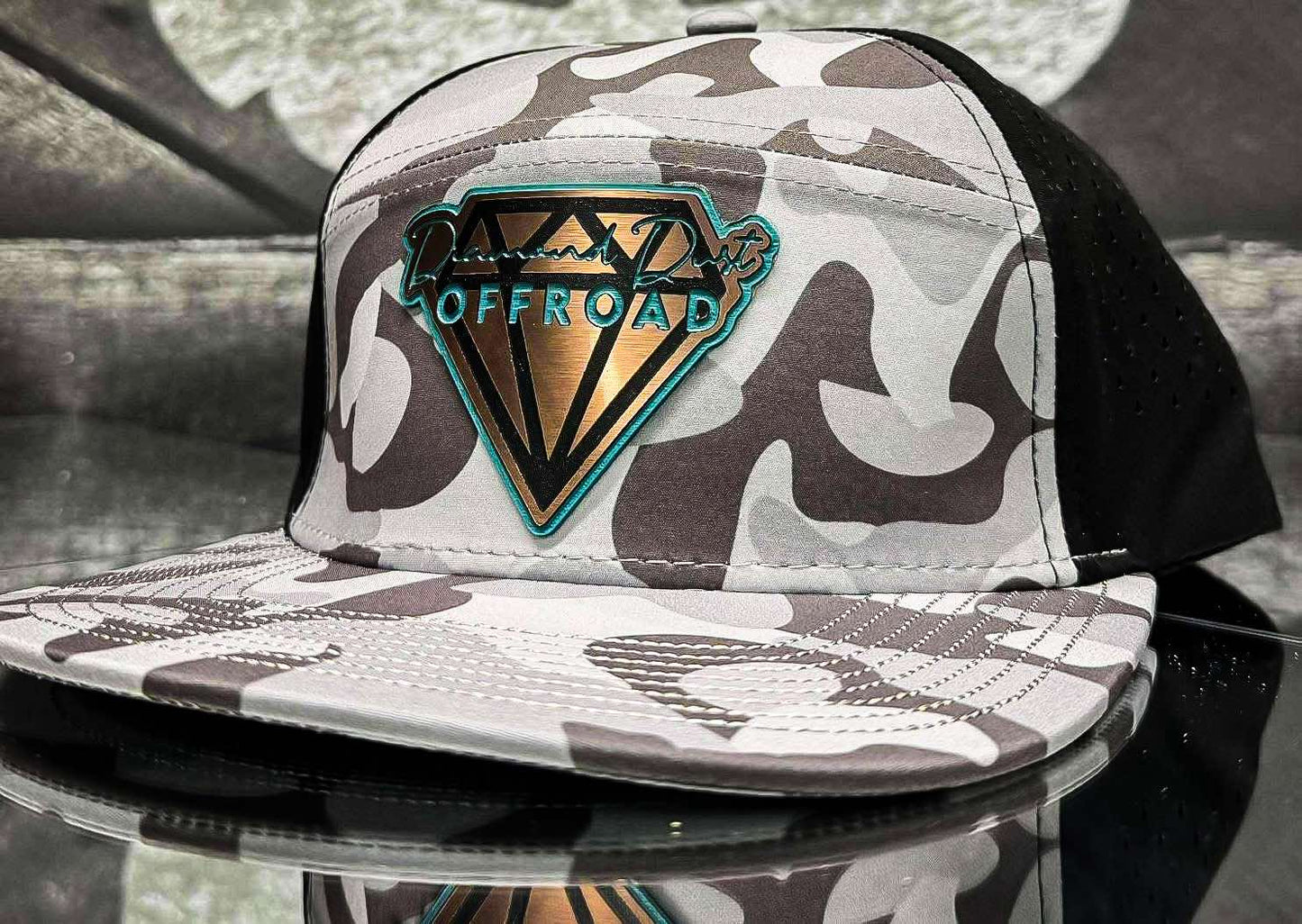 Dark grey camo snapback  - teal/stainless logo WATERPROOF