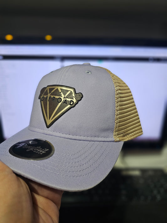 Lilac and tan PONYTAIL Ladies hat - brown and gold logo